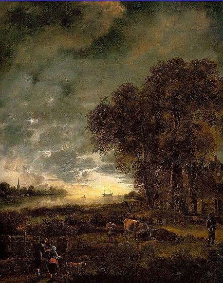 Aert van der Neer A Landscape with a River at Evening